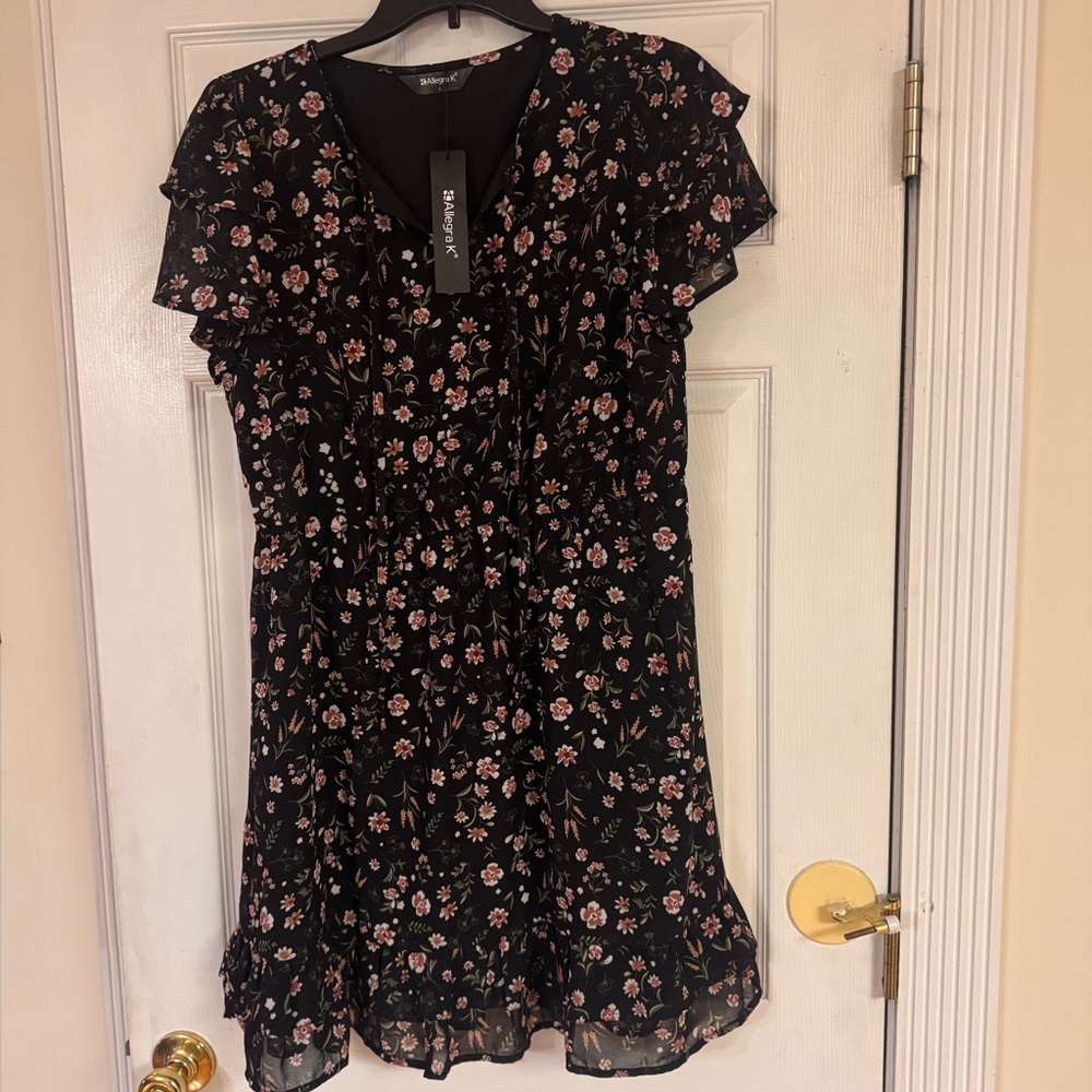 Allegra K Floral Ruffle Sleeve Dress Black Burnt Orange Size Large NWT
